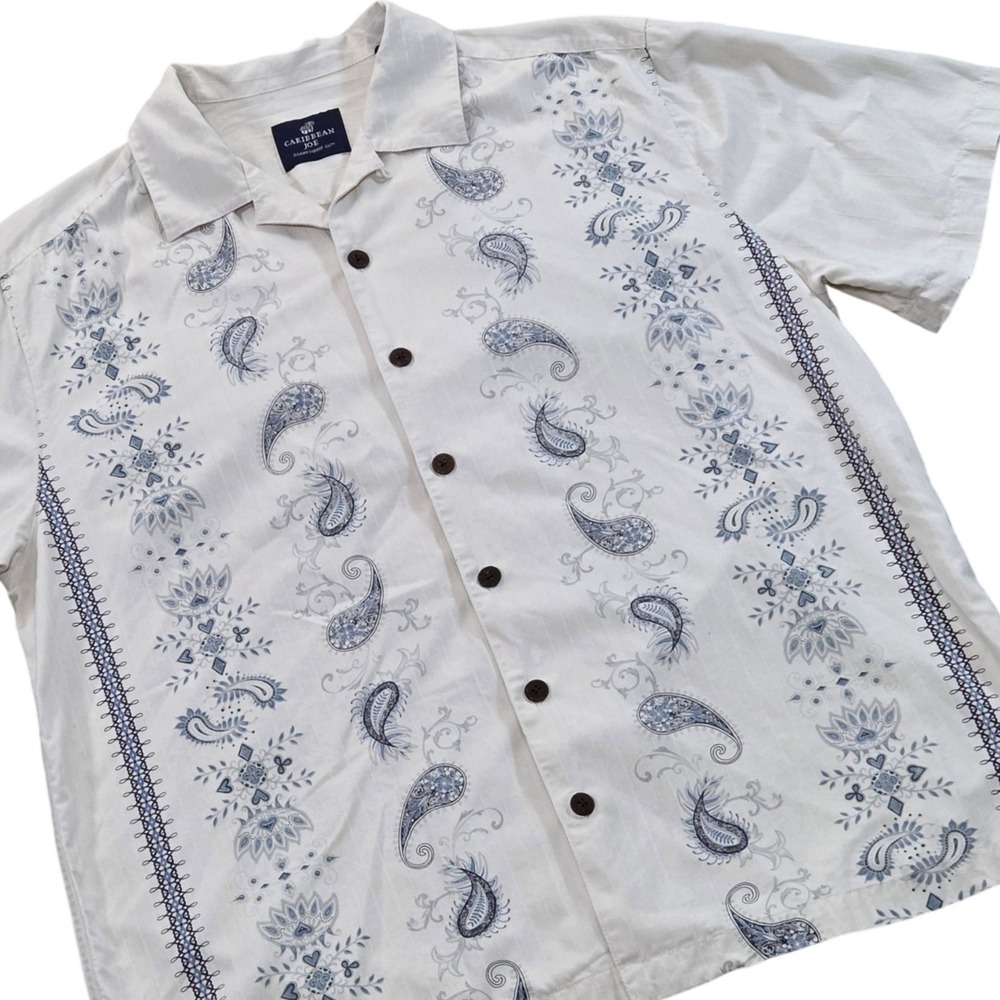 Caribbean‎ Joe Island Supply Co Silk Shirt Mens Large Cream Blue Paisley Casual